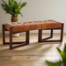 Metro Indoor Bench, Button Tufted Tan Leather, Brown Cedarwood Triangular Frame