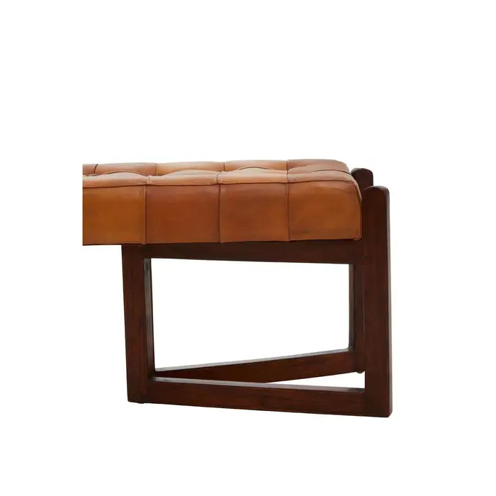 Metro Indoor Bench, Button Tufted Tan Leather, Brown Cedarwood Triangular Frame