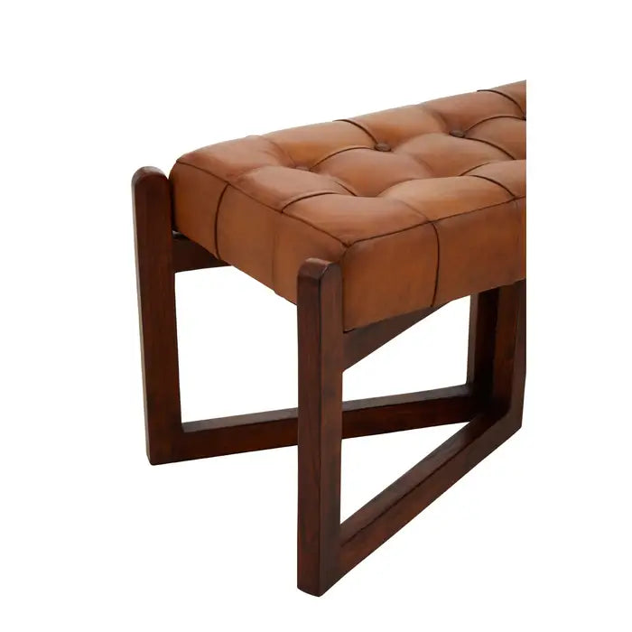 Metro Indoor Bench, Button Tufted Tan Leather, Brown Cedarwood Triangular Frame