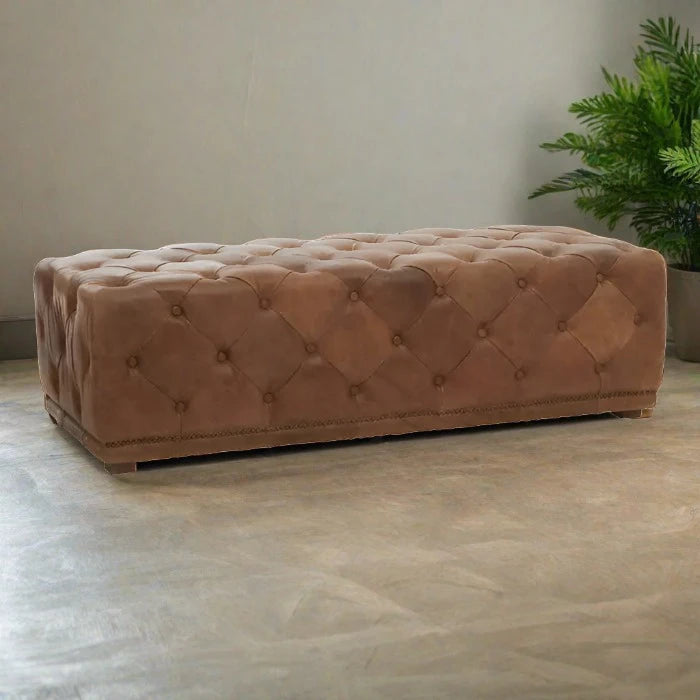 Hoxton Indoor Bench, Tan Button Tufted Leather