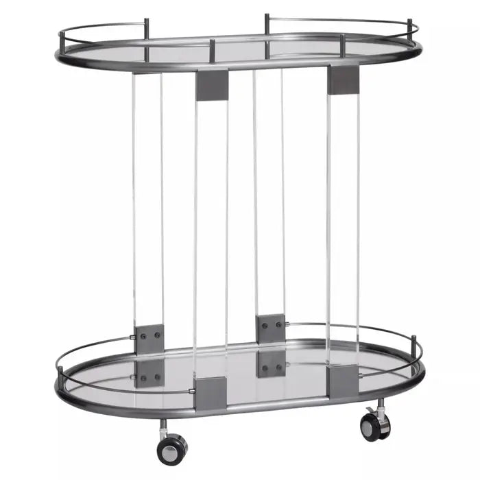 Oria Mirrored Trolley, Cool Metallic Frame, Glass Shelve, Lockable Wheel