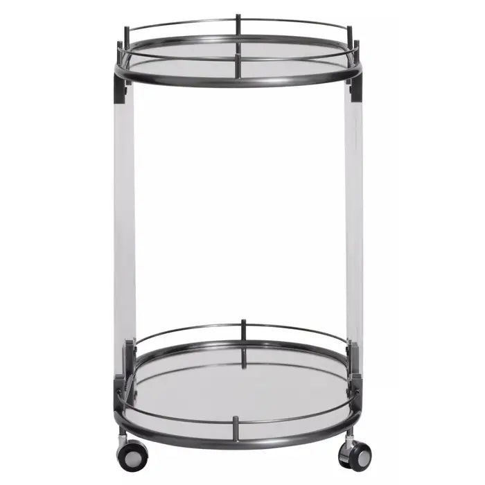 Oria Mirrored Trolley, Cool Metallic Frame, Glass Shelve, Lockable Wheel