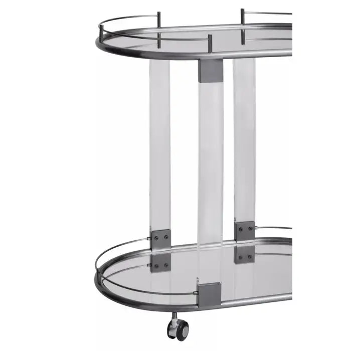 Oria Mirrored Trolley, Cool Metallic Frame, Glass Shelve, Lockable Wheel