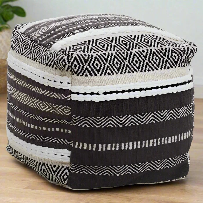 Grey and White Cotton Pouffe with Geometric Patterns