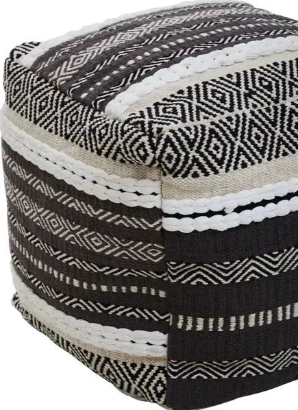 Grey and White Cotton Pouffe with Geometric Patterns