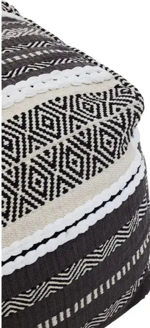 Grey and White Cotton Pouffe with Geometric Patterns