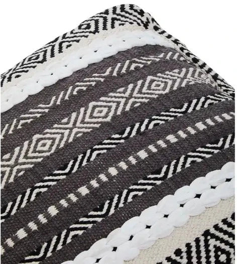 Grey and White Cotton Pouffe with Geometric Patterns