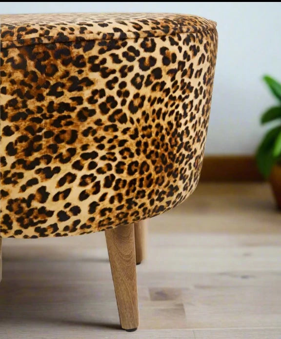  Luxe Leopard Print Cotton Stool with Mango Wood Frame