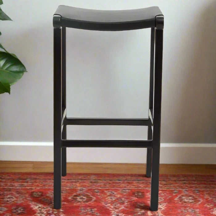 Black Teak Wood and Leather Stool