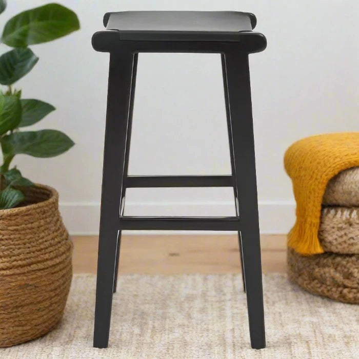 Black Teak Wood and Leather Stool