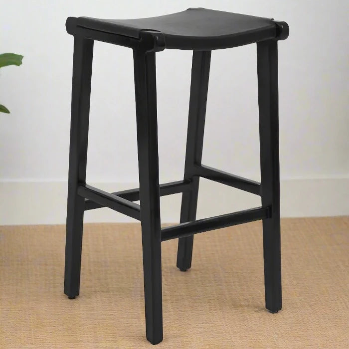 Black Teak Wood and Leather Stool