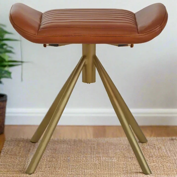 Tan Leather Padded Footstool with Gold Iron Base