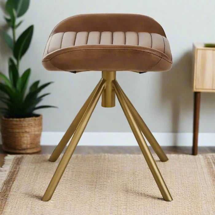 Brown Leather Footstool with Gold Finish Base