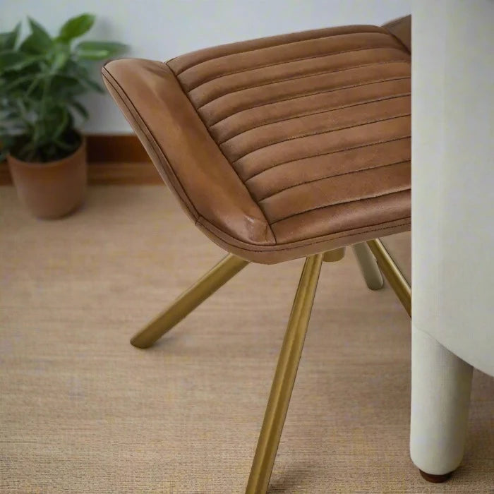 Brown Leather Footstool with Gold Finish Base