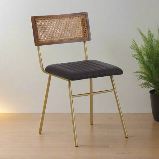 Stylish Dining Chair in Black Leather with Gold Finish Iron Legs