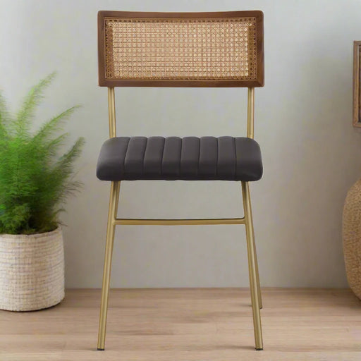 Stylish Dining Chair in Black Leather with Gold Finish Iron Legs