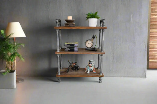 Industrial 3 Tier Floor Shelf, Metal Pipe Frame, Wooden shelves, Rectangular, Distressed Black 