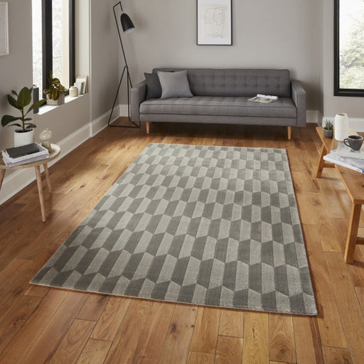 Modern Grey 3D Cube Pattern Rug – Geometric Optical Illusion Design, Soft High-Pile Texture – Multiple Sizes