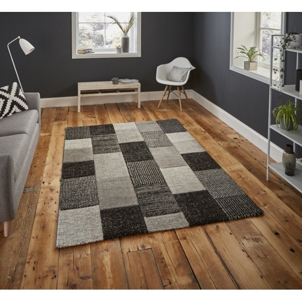 Elegant Grey & Black Patchwork Area Rug – Modern Geometric Design – Multiple Sizes