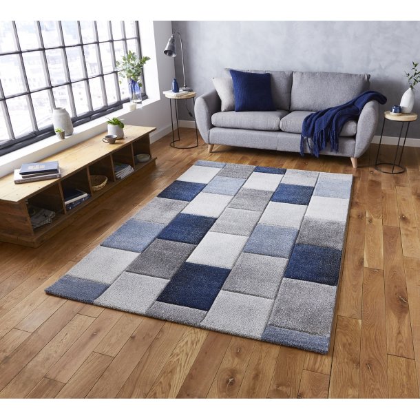 Stylish Grey & Blue Patchwork Rug – Textured Modern Design – Multiple Sizes