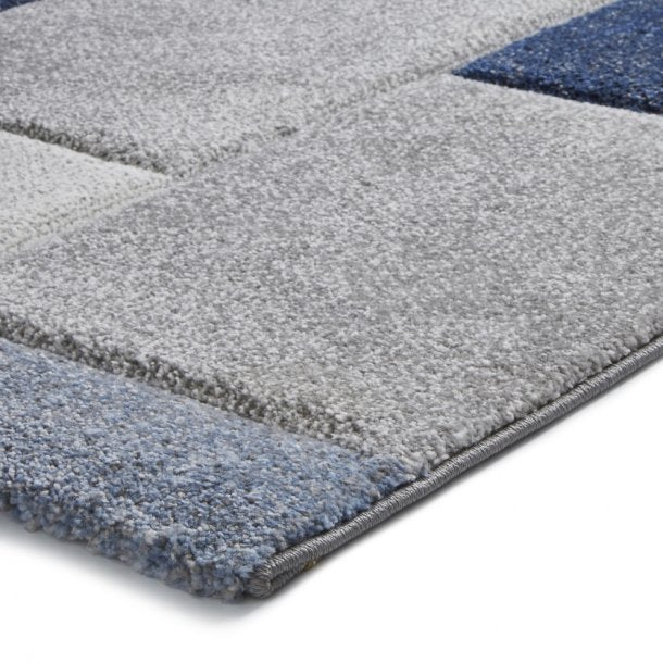 Stylish Grey & Blue Patchwork Rug – Textured Modern Design – Multiple Sizes