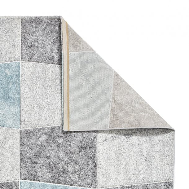  Elegant Grey & Blue Patchwork Rug – Modern Geometric Design for Living Spaces – Multiple Sizes