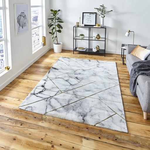 Luxurious Ivory & Gold Marble-Effect Area Rug with Geometric Line Design – Multiple Sizes