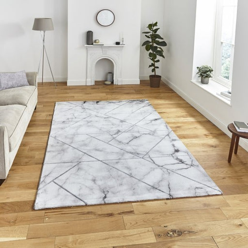 Stylish  Ivory & Silver Marble-Effect Area Rug with Geometric Lines – Multiple Sizes