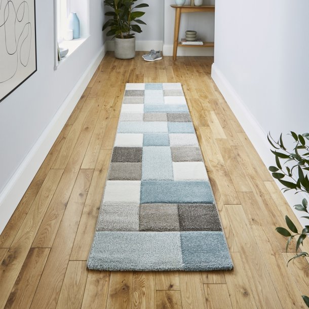 Stylish Beige & Blue Patchwork Block Rug – Multi-Tonal Design – Multiple Sizes