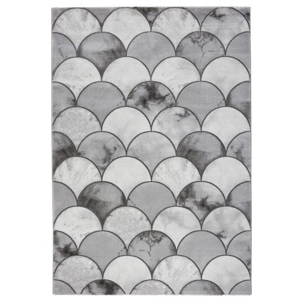 Elegant Grey & Silver Scallop Pattern Rug – Soft Polypropylene & Polyester – Multiple Sizes