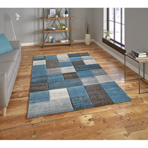 Vibrant Blue & Grey Patchwork Area Rug – Modern Geometric Design – Multiple Sizes