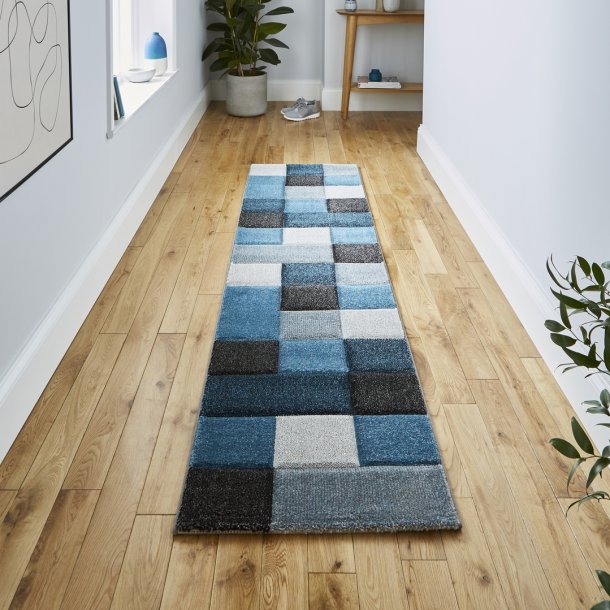 Vibrant Blue & Grey Patchwork Area Rug – Modern Geometric Design – Multiple Sizes