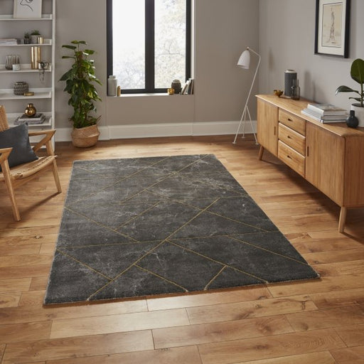 Luxurious Dark Grey & Gold Geometric Marble-Effect Area Rug – Modern Design – Multiple Sizes