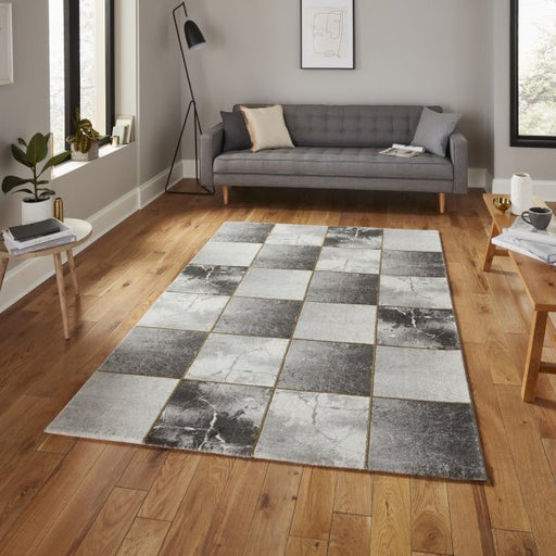 Contemporary Grey & Gold Checkered Marble-Effect Area Rug – Stylish Geometric Design – Multiple Sizes