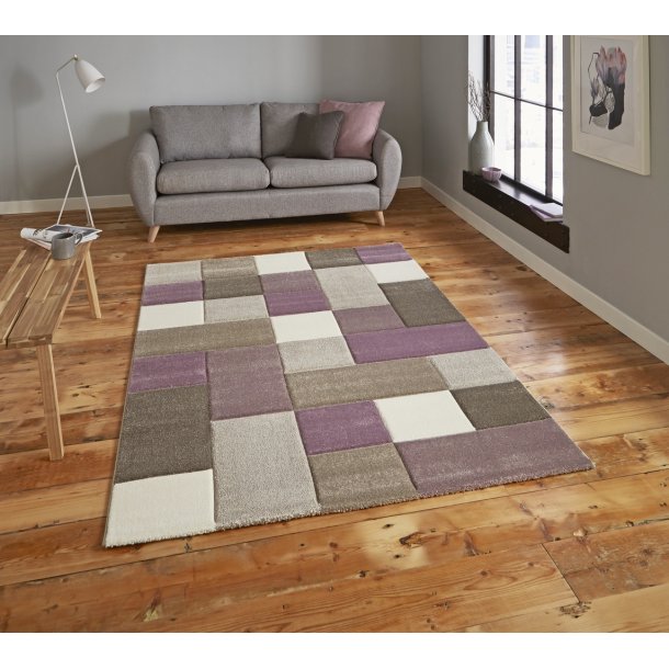 Elegant Beige & Purple Patchwork Rug – Modern Block Design – Multiple Sizes