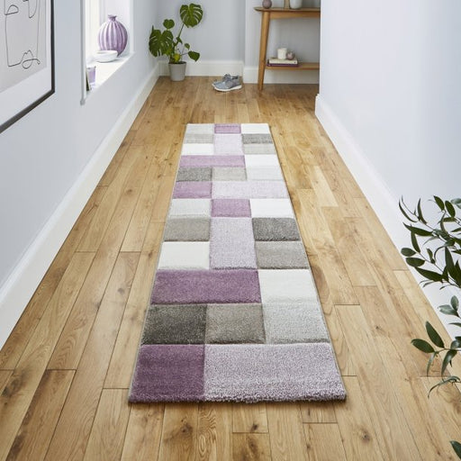 Elegant Beige & Purple Patchwork Rug – Modern Block Design – Multiple Sizes