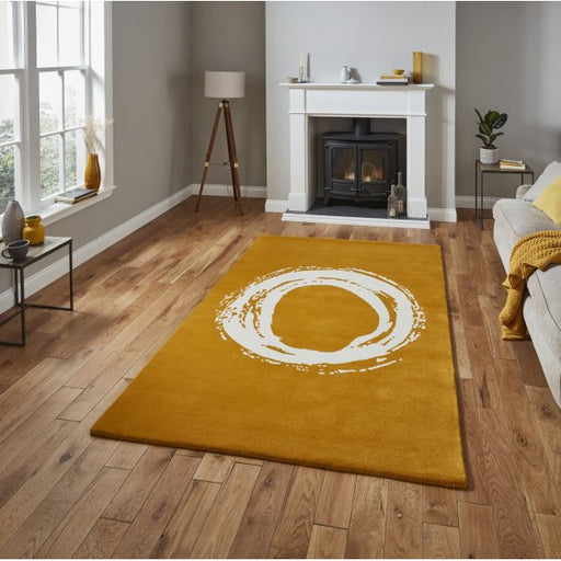 Modern Ochre Wool Area Rug with Artistic Circle Design – Multiple Sizes