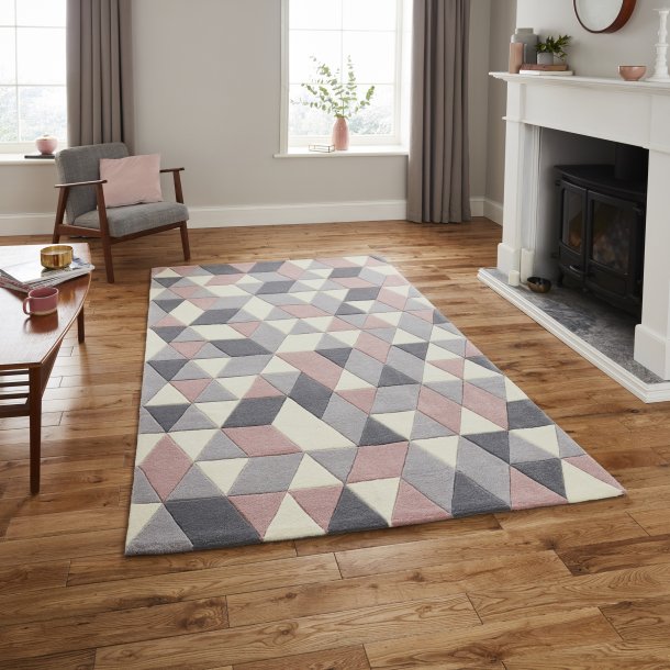 Elegant Grey & Rose Geometric Wool Rug – Luxurious Wool Blend – Multiple Sizes