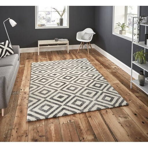 Modern Grey & White Diamond Pattern Area Rug – Geometric Design – Multiple Sizes