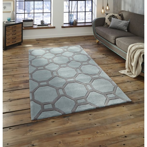 Chic Blue & Grey Wool Rug - Geometric Hexagon Pattern - Multiple Sizes Available