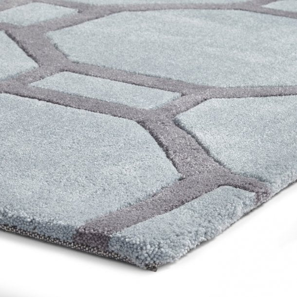 Chic Blue & Grey Wool Rug - Geometric Hexagon Pattern - Multiple Sizes Available