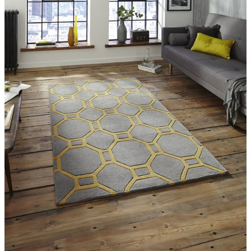 Modern Grey & Yellow Wool Rug - Geometric Honeycomb Design - Multiple Sizes