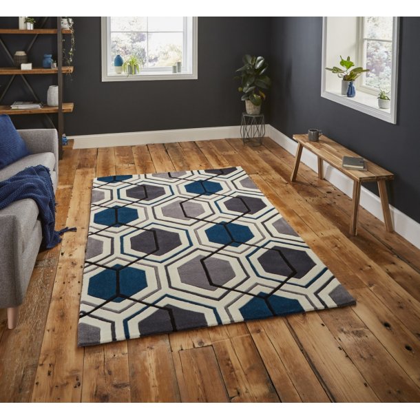 Luxurious Grey & Navy Geometric Rug - Bold Hexagonal Design - Polypropylene & Polyester Finish - Multiple Sizes