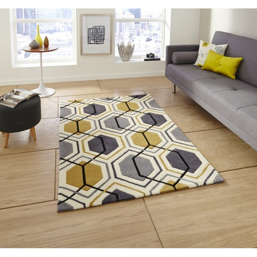 Contemporary Grey & Yellow Hexagon Rug - Geometric Pattern - Multiple Sizes