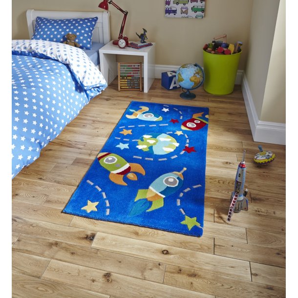 Playful Blue Kids' Space Adventure Area Rug – Rocket & Planet Design – Multiple Sizes