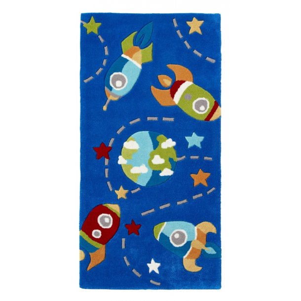 Playful Blue Kids' Space Adventure Area Rug – Rocket & Planet Design – Multiple Sizes