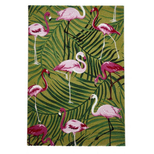 Vibrant Flamingo & Palm Leaf Area Rug - Tropical Green & Pink Design - Multiple Sizes