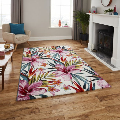 Vibrant Multicolored Floral Area Rug - Tropical Design - Multiple Sizes