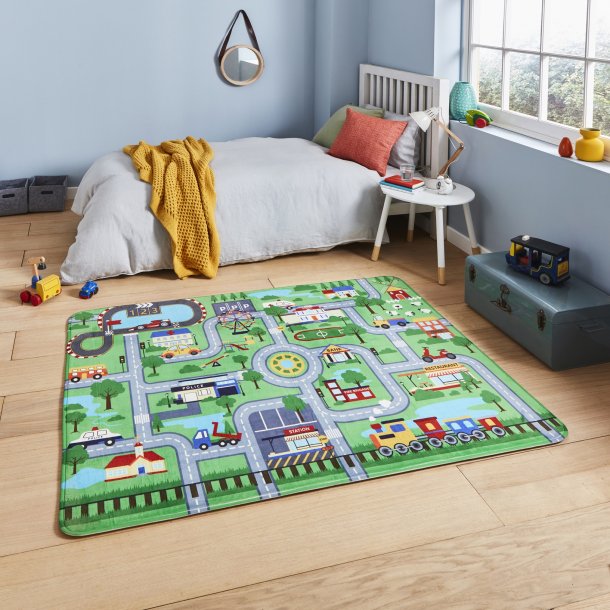 Green City Traffic Kids' Play Rug - Interactive Road Map Design - Multiple Sizes