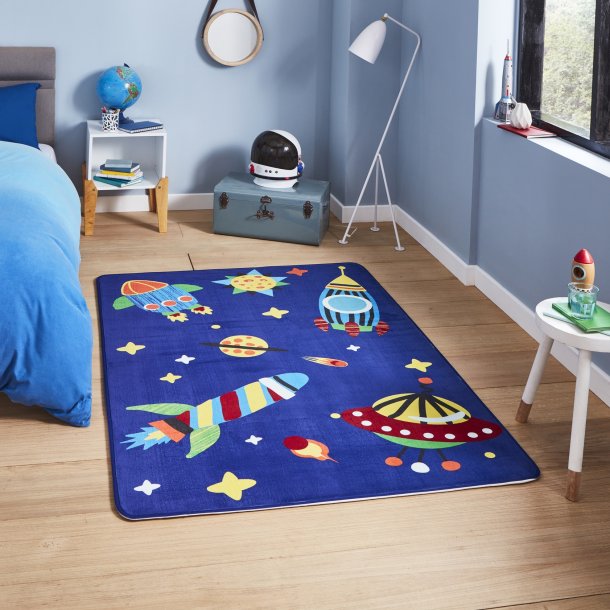 Blue Space Adventure Kids' Play Rug - Fun Rocket & Spaceship Design - Multiple Sizes